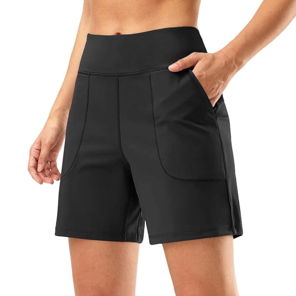 Landzoo Shorts For Women Solid Color Elastic Waist With Pockets Summer Comfortable Women Shorts Size L Black