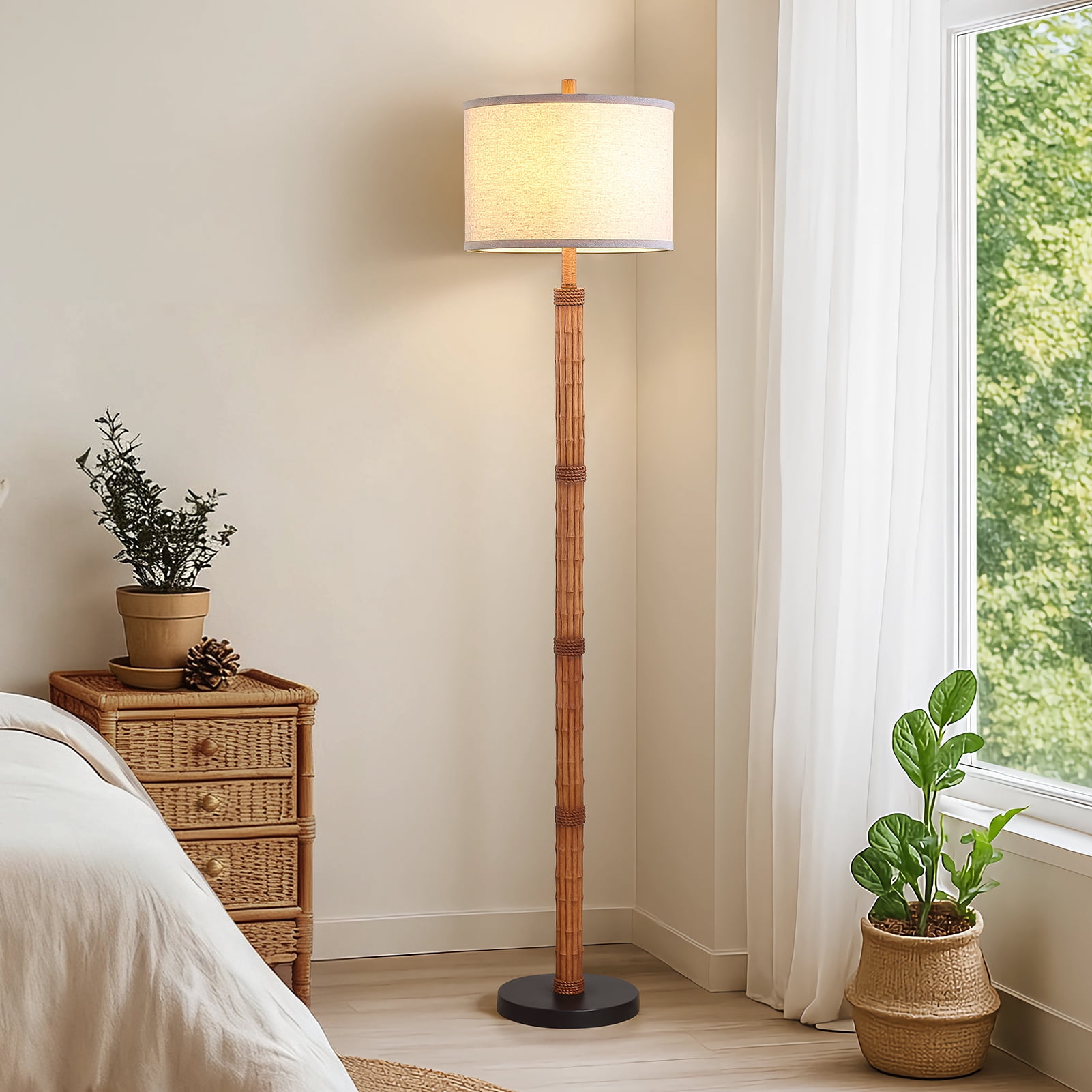 RORIA 63" Bamboo Stripe Floor Lamp, Modern Farmhouse Style Standing Lamp Featuring a Knob Switch and a Linen Shade, Suitable for Living Rooms, Bedrooms, and Offices