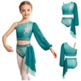 thumbnail image 3 of iiniim Girls Lyrical Dance Outfit One Shoulder Long Puff Sleeve Crop Top With Applique Asymmetrical Skirt Set Green 6, 3 of 7