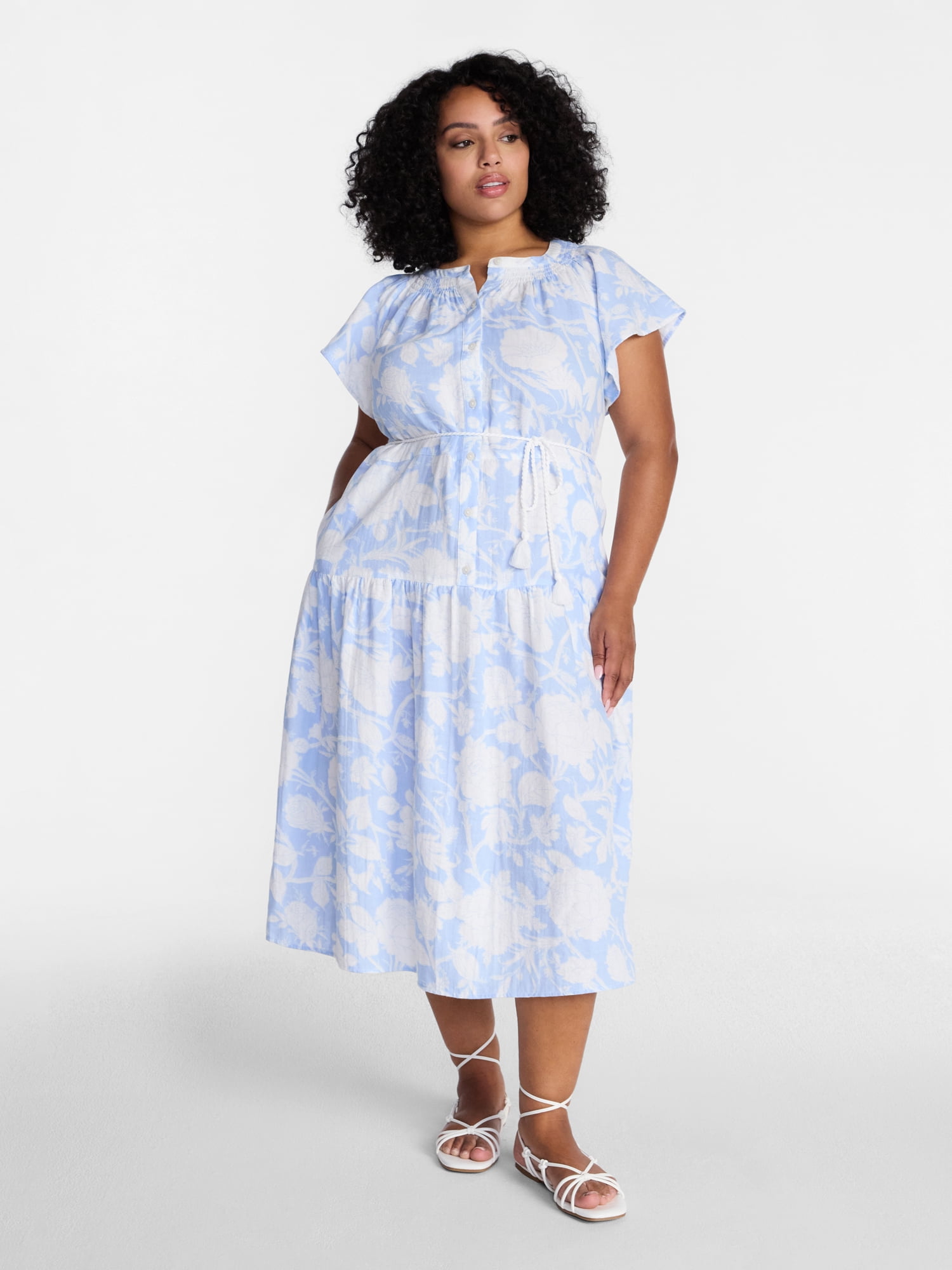 Time and Tru Women's Cotton Double Cloth Midi Dress with Short Flutter Sleeves, Sizes XS-XXXL