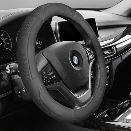 Premium Full Grain Leather - FH GROUP Premium Genuine Full Grain Leather Steering Wheel Cover, Solid Gray