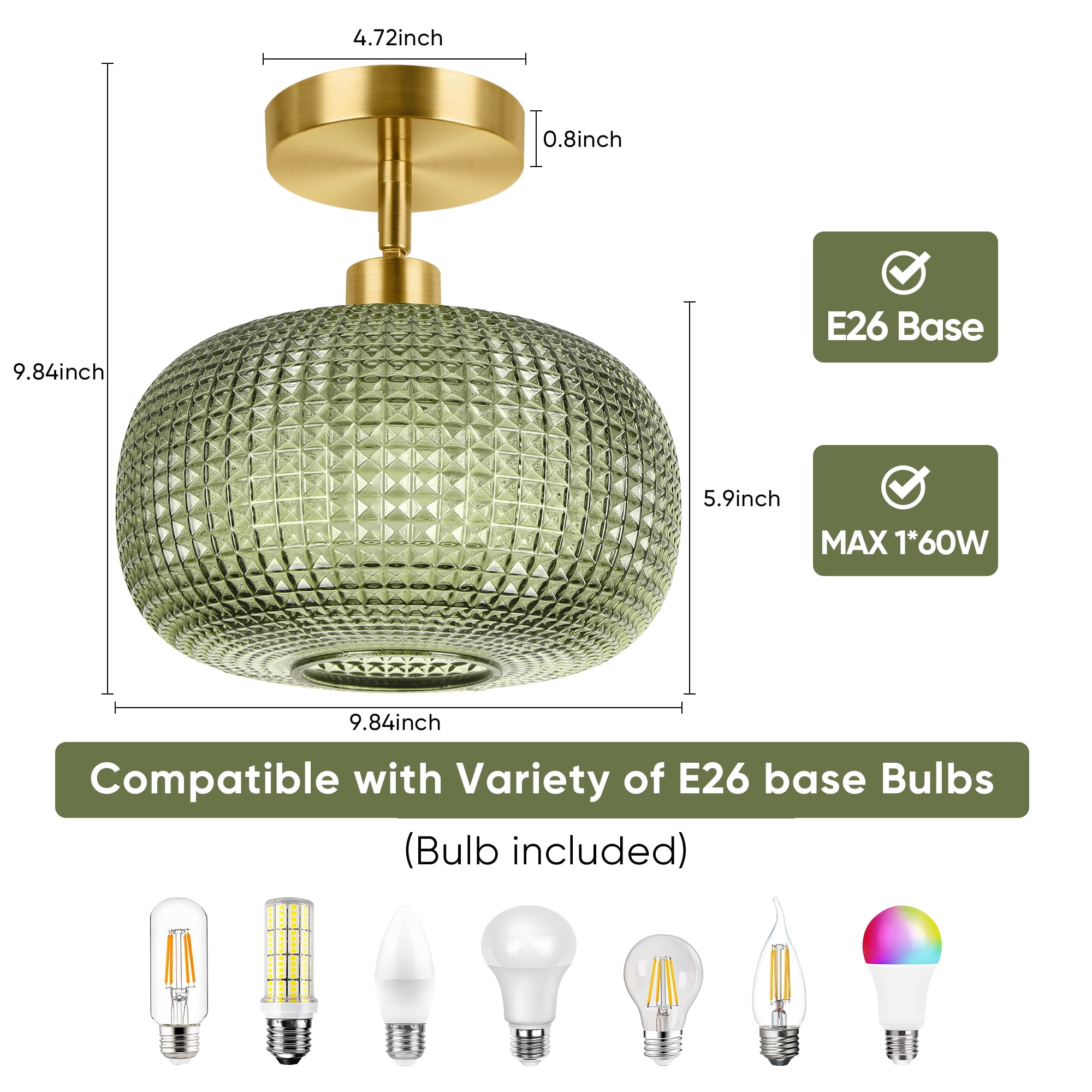 9.84'' Semi Flush Mount Ceiling Light, Adjustable Hanging Gold Sloped Ceiling Lights with Green Glass Shade