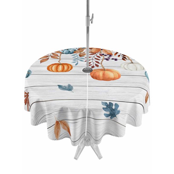 Outdoor Tablecloth with Umbrella Hole and Zipper, Orange Blue Pumpkins Fall Round Table Cloth 54 Inch Waterproof Tablecloth, Weeping Botanical Thanksgiving Vintage Picnic Table Cover for Patio