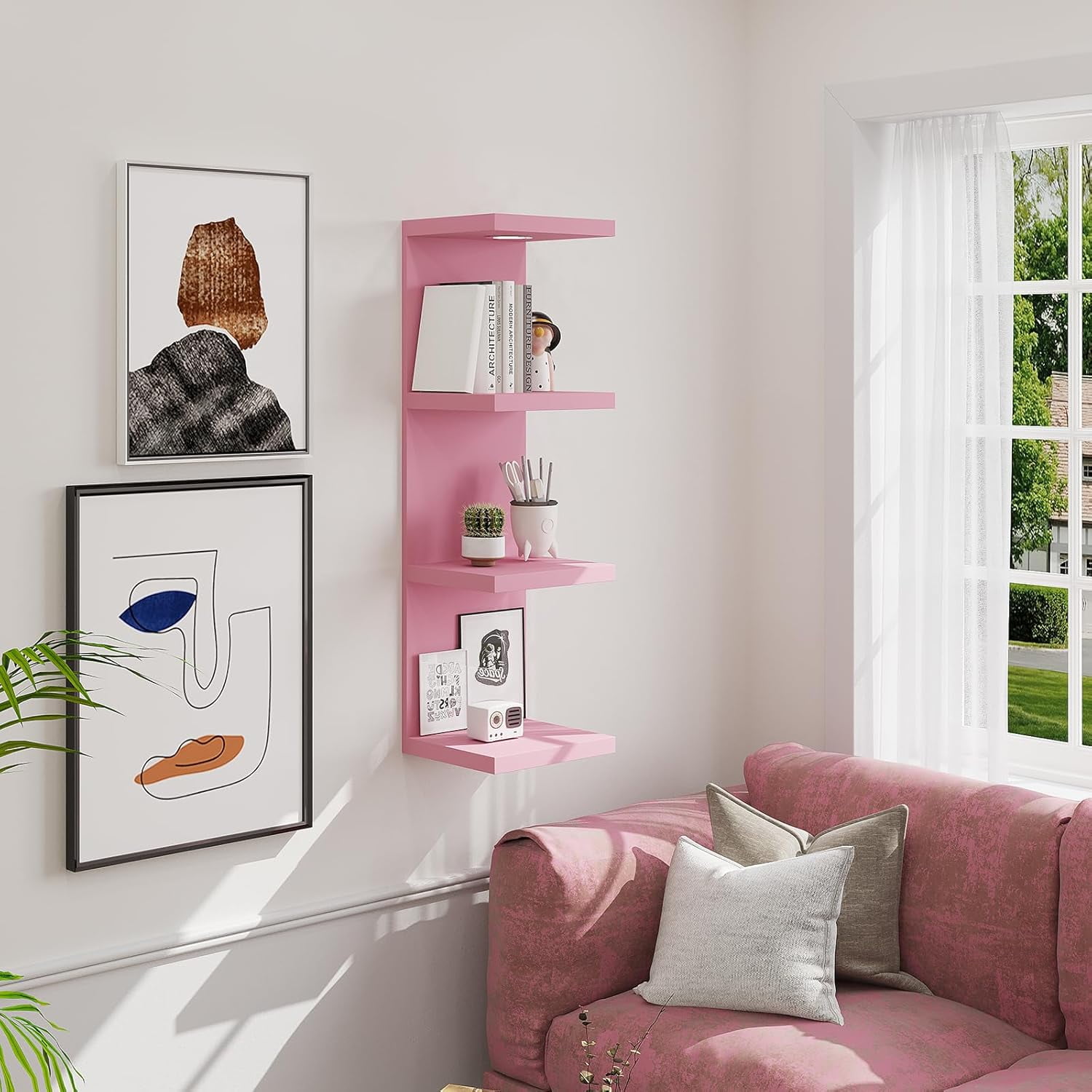 Versatile 4 Tier Wall Shelf Unit,Pink Lack Wall Shelf,Display Floating Shelf with LED Remote Control Light