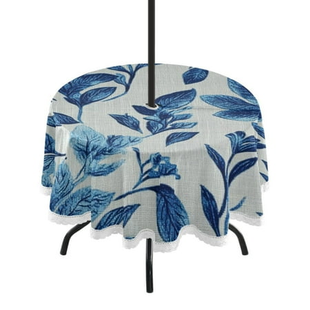 

60 Outdoor Round Tablecloth with Umbrella Hole & White Lace Trim Waterproof Patio Table Cover for Garden Kitchen Dining Blue Leaves and Plants