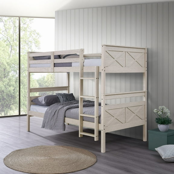 Home Design Exeter Twin Over Twin Solid Wood Bunk Bed Frame with Guardrails and Ladder, Antique White, Easy Assembly