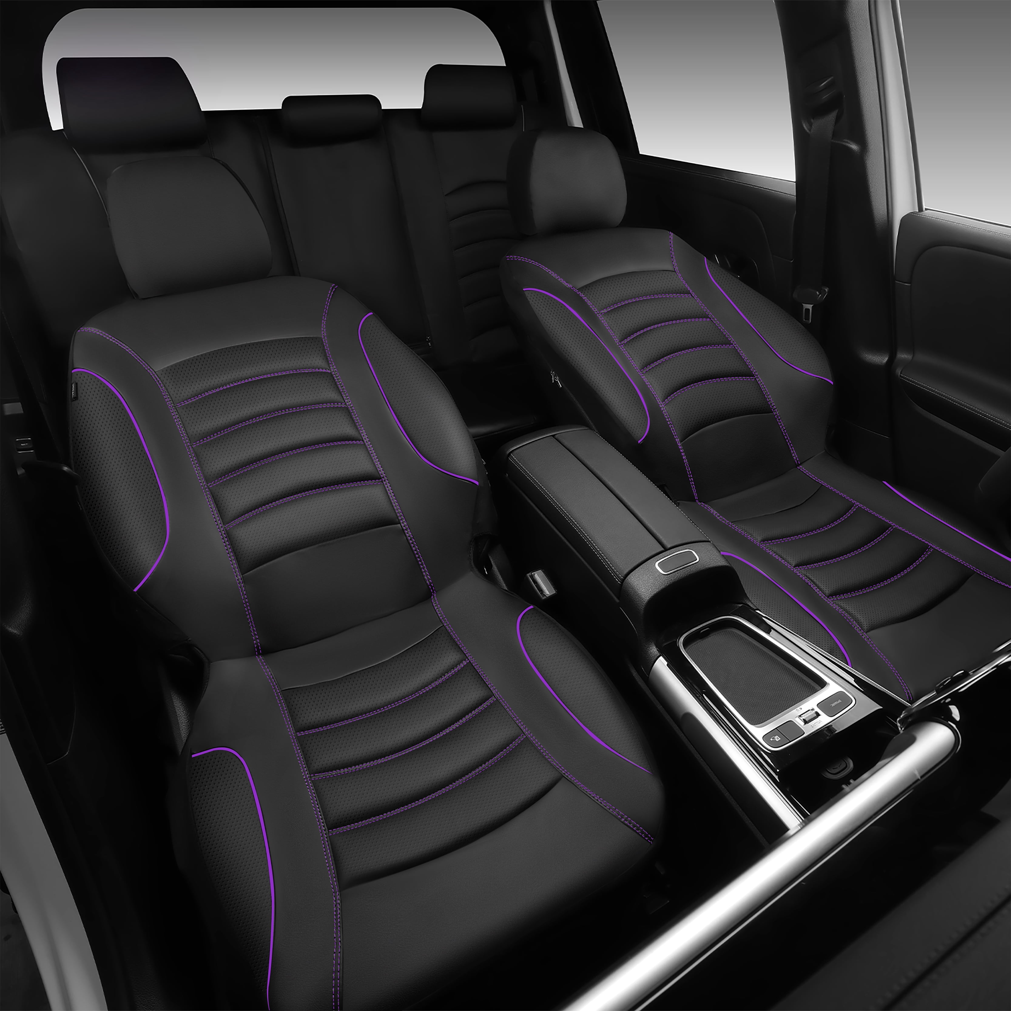 CAR GRAND PU Leather Car Seat Covers, Universal Fit Front Pair for Trucks SUV Sedan Automotive Seat Protectors Armrest Airbag Compatible Waterproof 3D Foam Comfortable Nappa Leather Purple Piping