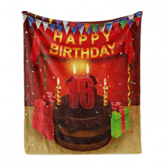 16th Birthday Soft Flannel Fleece Throw Blanket, Party Celebration with Flag Ribbon and Yummy Chocolate Cake Candles Print, Cozy Plush for Indoor and Outdoor Use, 50" x 60", Multicolor, by Ambesonne