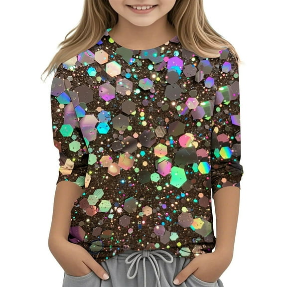 Edvintorg Shirts for Girls Casual 3/4 Sleeve Tops for Kids Girls Sequin Printed Crewneck Pullover Loose Fit Blouse Shirt 3-12 Years