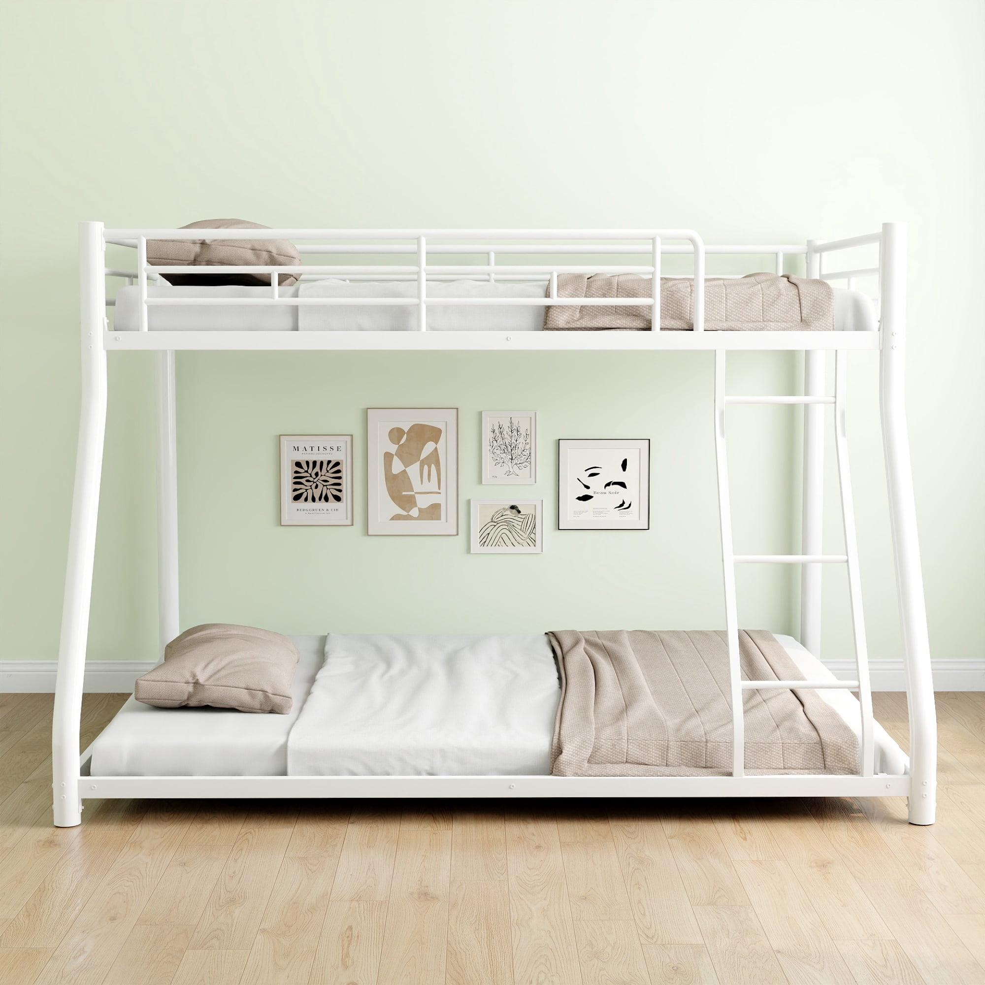 Leumius Twin Over Full Metal Bunk Bed,Heavy Duty Metal Bed Frame with Ladder & Full-Length Guardrail for Teens Adults,White