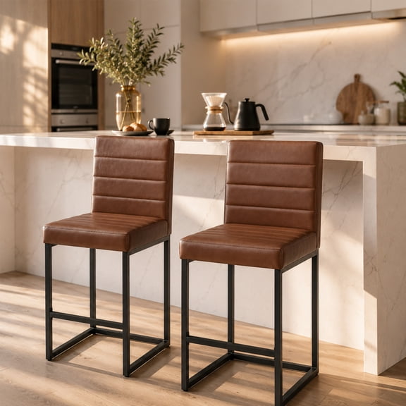 StnTalk Set of 2 Counter Height Bar Stools, 25.6" Faux Leather Upholstered Kitchen Island Chairs with Backs, Metal Frame,Brown Bar Chairs for Dining Room Home Bar,Brown