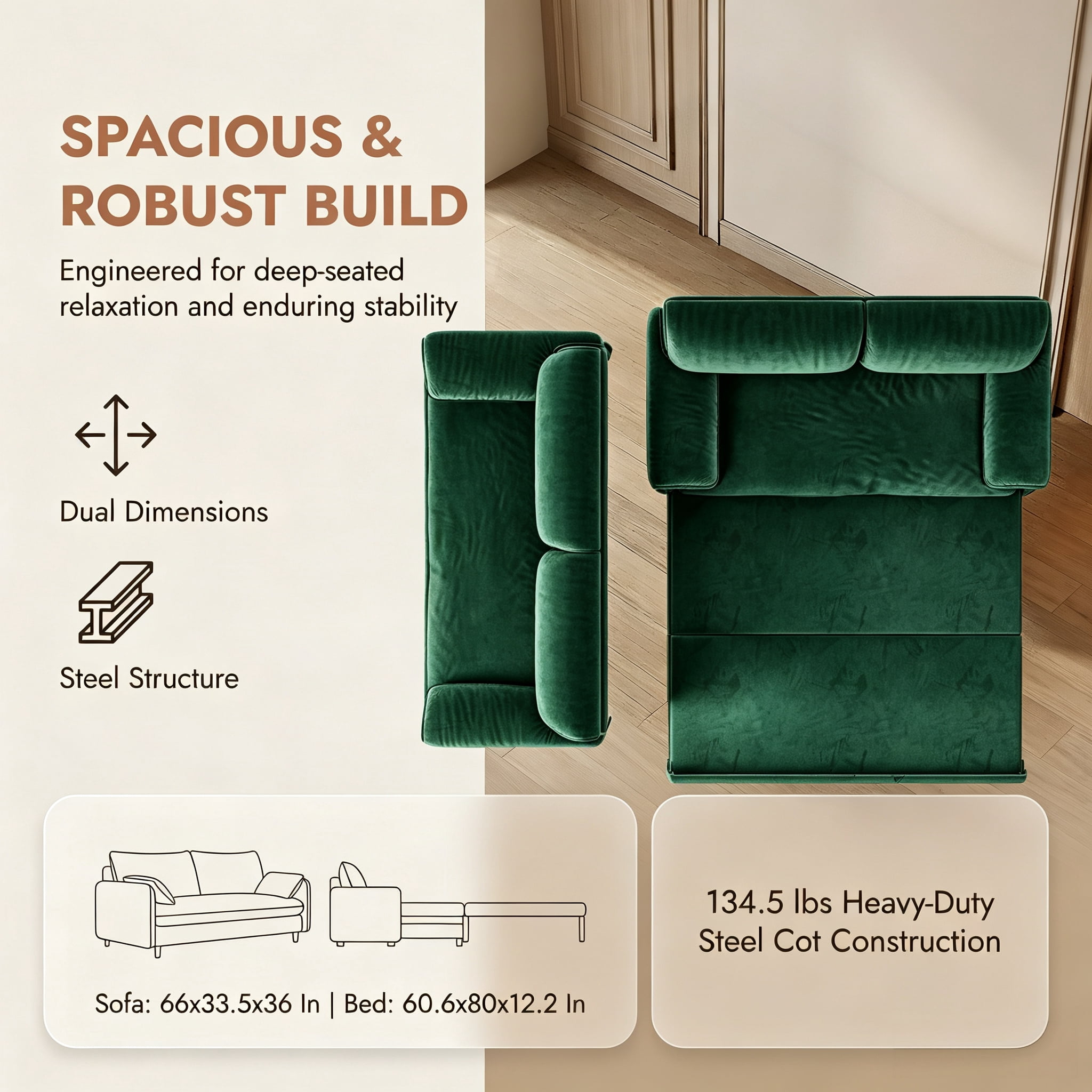 3-in-1 Queen Pull Out Sofa Bed, 66" Velvet Convertible Sleeper Couch with Deep Seat & Storage Pocket, Modern Folding Futon Sofa Bed, Green