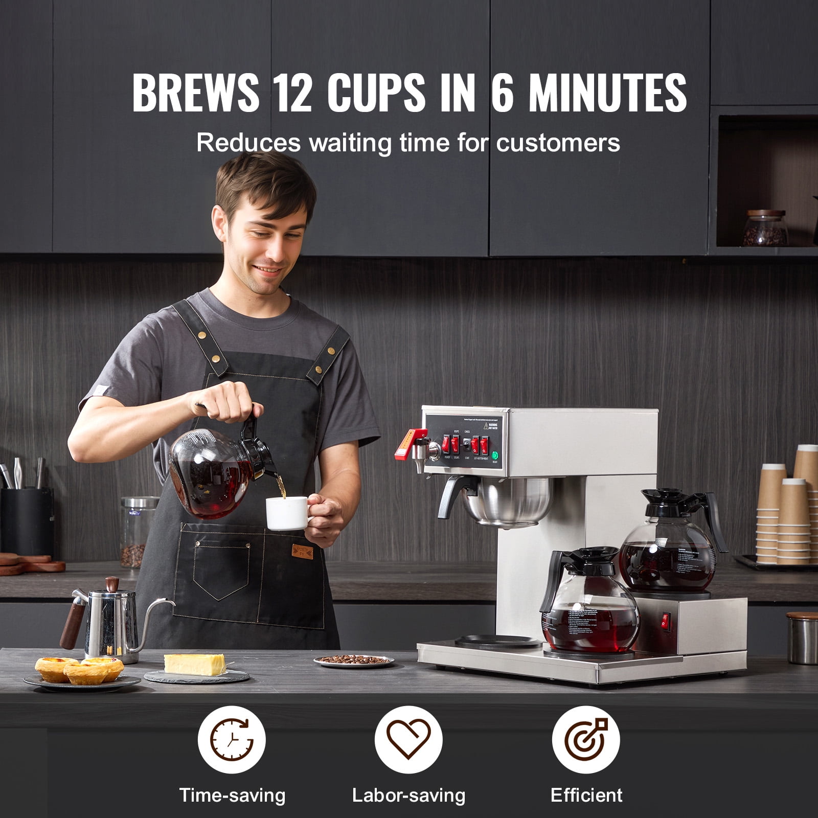 KFFKFF 12-Cup Industrial Coffee Brewer, Coffee Making Device with Trio of Glass Jugs and Trio of Heat-Keeping Bases, Metallic Manual Drip Coffee Maker for Eateries, Workplaces, Coffee Shops