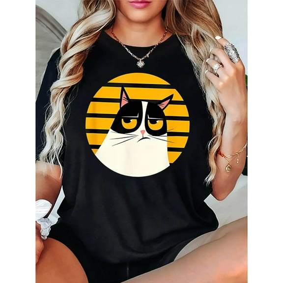 Women's Black Graphic Tee with Grumpy Cat Print, S-5XL Plus Size T-Shirt, Funny Pet Pattern Casual Top for Cat Lovers