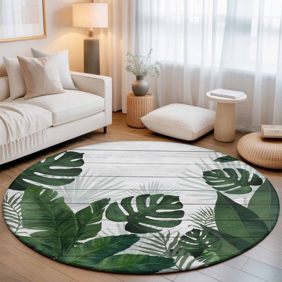 Round Area Rugs 3.3Ft, Palm Leaves Non-Slip Washable Circle Rugs Carpet, Tropical Botanical Leaf Summer Wooden Gray Indoor Outdoor Rug Floor Mats Throw Runner for Bedroom Living Room Bathroom