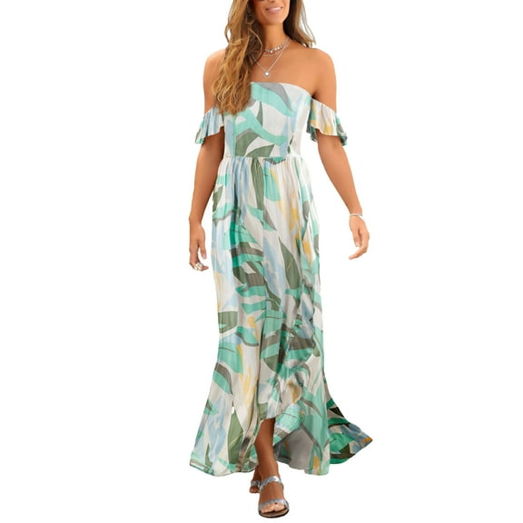 LASCANA Women's Ruffled Print Maxi Dress Ruffles