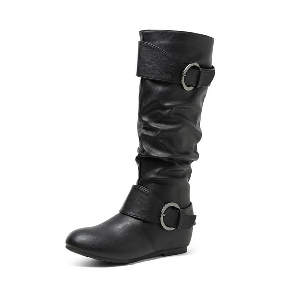 Dream Pairs Womens Wide-Calf Knee High Low Hidden Wedge Slouch Buckle Boots Ura Black Size 7