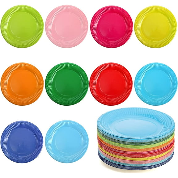 200pcs 7" Multicolor Paper Party Plates Eco-friendly Round Dessert Plates Party/Wedding/Birthday Bulk Tableware (Green/Orange/Pink/Red)