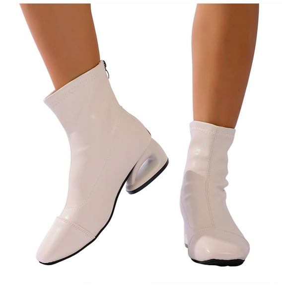 Fall Dress Boots for Women Ladies 2025 Leather Square Toe Funny Chunky Heel Mid Calf Dressy Short Booties White
