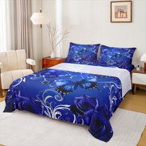 Homewish Boys Girls Blue Butterflies 3pcs Twin Sheet Sets,Floral Rose Twin Fitted Sheet,Exotic Style Breathable Flat Sheet,Super Cozy Room Decor