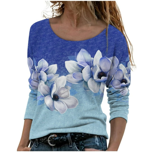 IROINID Offres Dames Manches Longues T-Shirts Décontractés Imprimé Col Rond T-Shirt Ample Blouse d'Automne Chandail Tops, Bleu