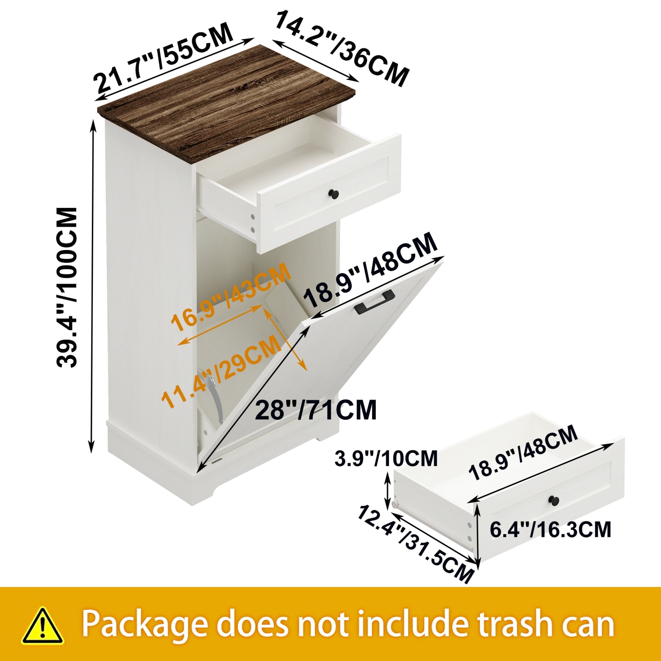 Noble House 13 Gallon Tilt Out Trash Cabinet, Wood Garbage Bin Holder with Drawer, Kitchen Storage, Antique White