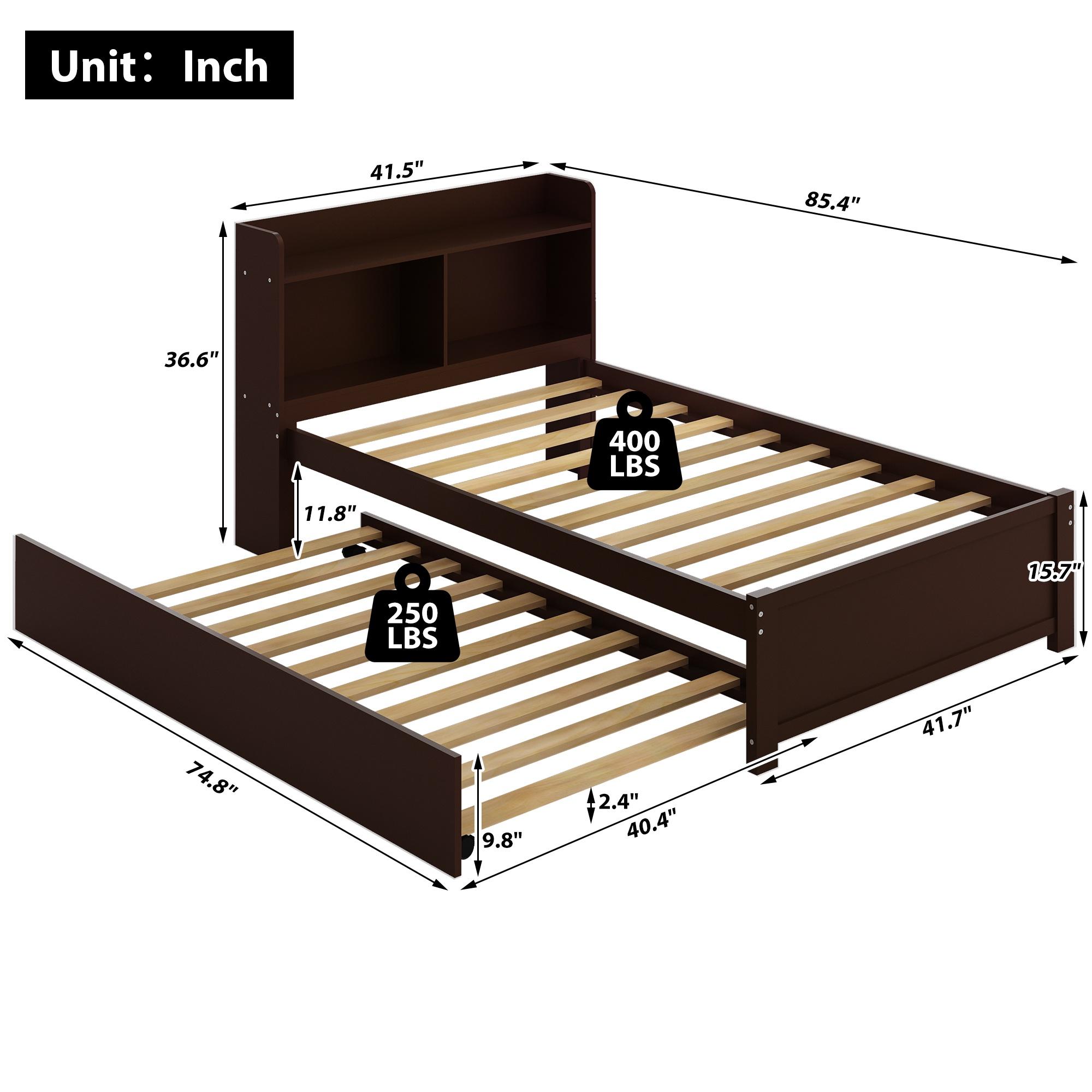 SYNGAR Twin Bed Frame with Trundle and Storage Bookcase, Modern Kids Platform Bed Frame with Pull Out Trundle, Solid Wood Trundle Bed with Headboard and Footboard, No Box Spring Needed, Espresso