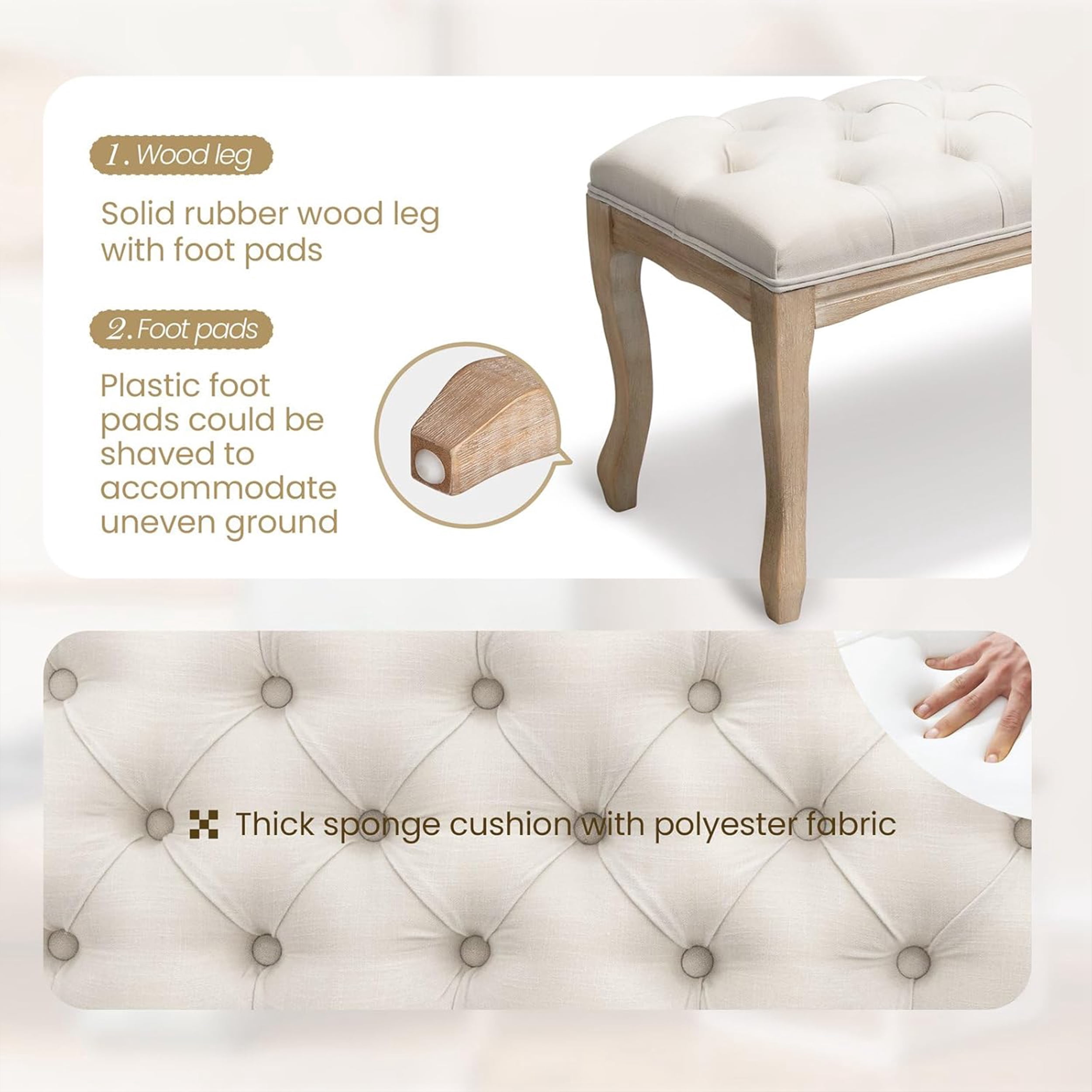 French Vintage Tufted Bedroom Bench with Carved Wood Legs, 43.3-Inch Linen Upholstered Entryway Ottoman for Living Room, Beige
