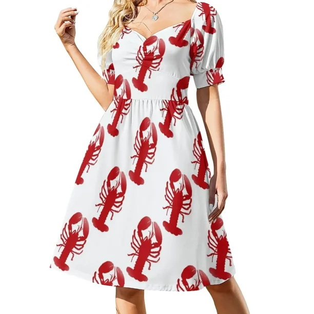 Vestido de manga corta con estampado repetido de langosta roja, vestidos de noche, vestido de lujo, vestido de verano para mujer, vestido diario