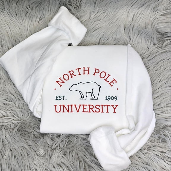 Embroidered Polar Bear Crewneck: North Pole University Christmas Sweatshirt