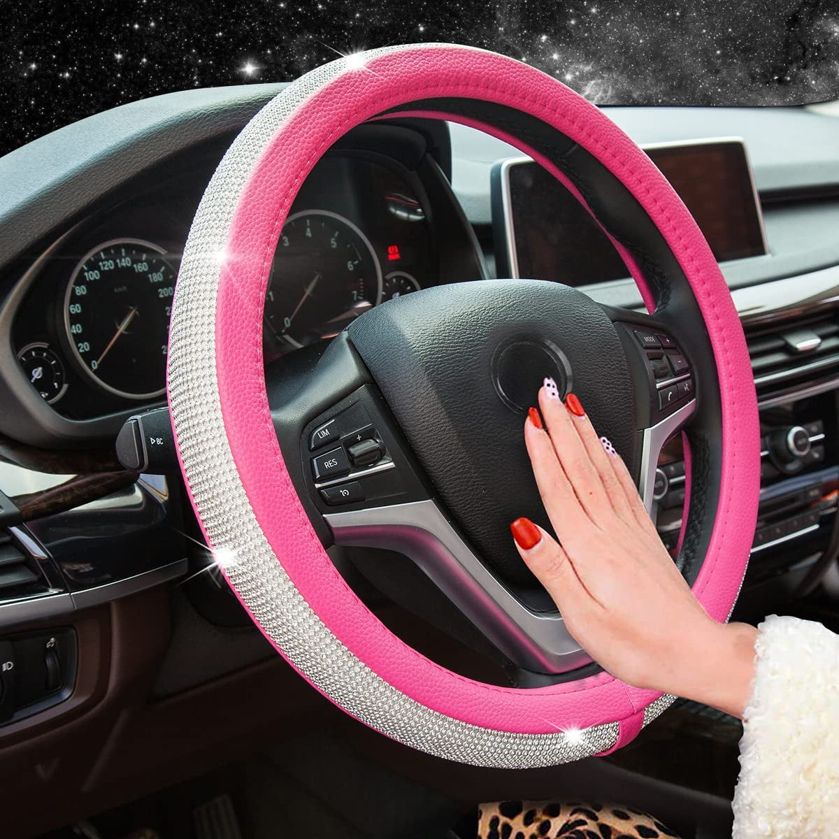 New Diamond Leather Steering Wheel Cover with Bling Bling Crystal  Rhinestones, Universal Fit 15 Inch Car Wheel Protector for Women Girls Pink  Diamond 