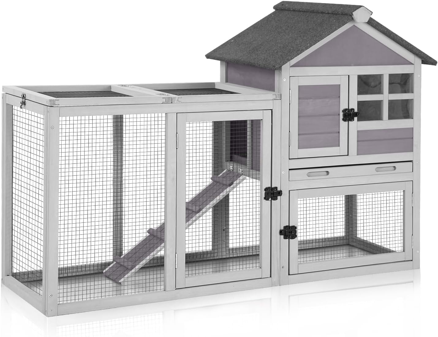MEDEHOO Large Rabbit Hutch Outdoor 2-Level Wooden Chicken Coop Indoor Weatherproof Bunny Cage Guinea Pig House with Waterproof Roof, Leak-Proof Pull Out Tray, Lockable Door for Small Animals (Grey)