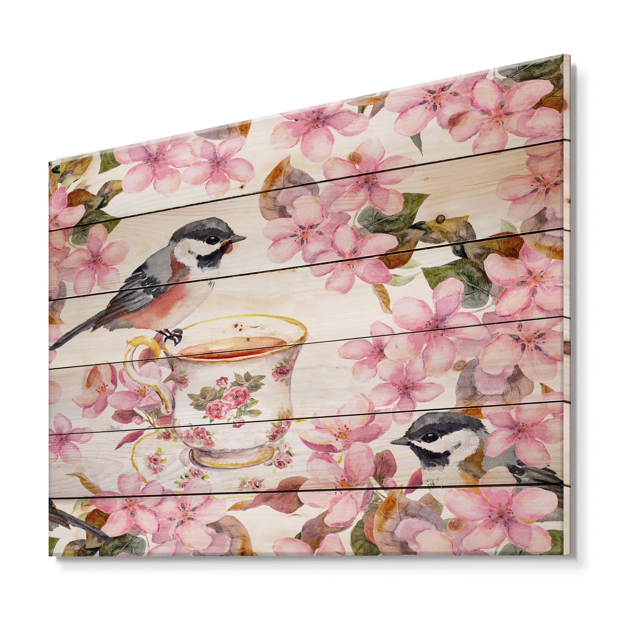 Designart 'Tea Cup Birds and Pink Flowers' Traditional Print on Natural Pine Wood