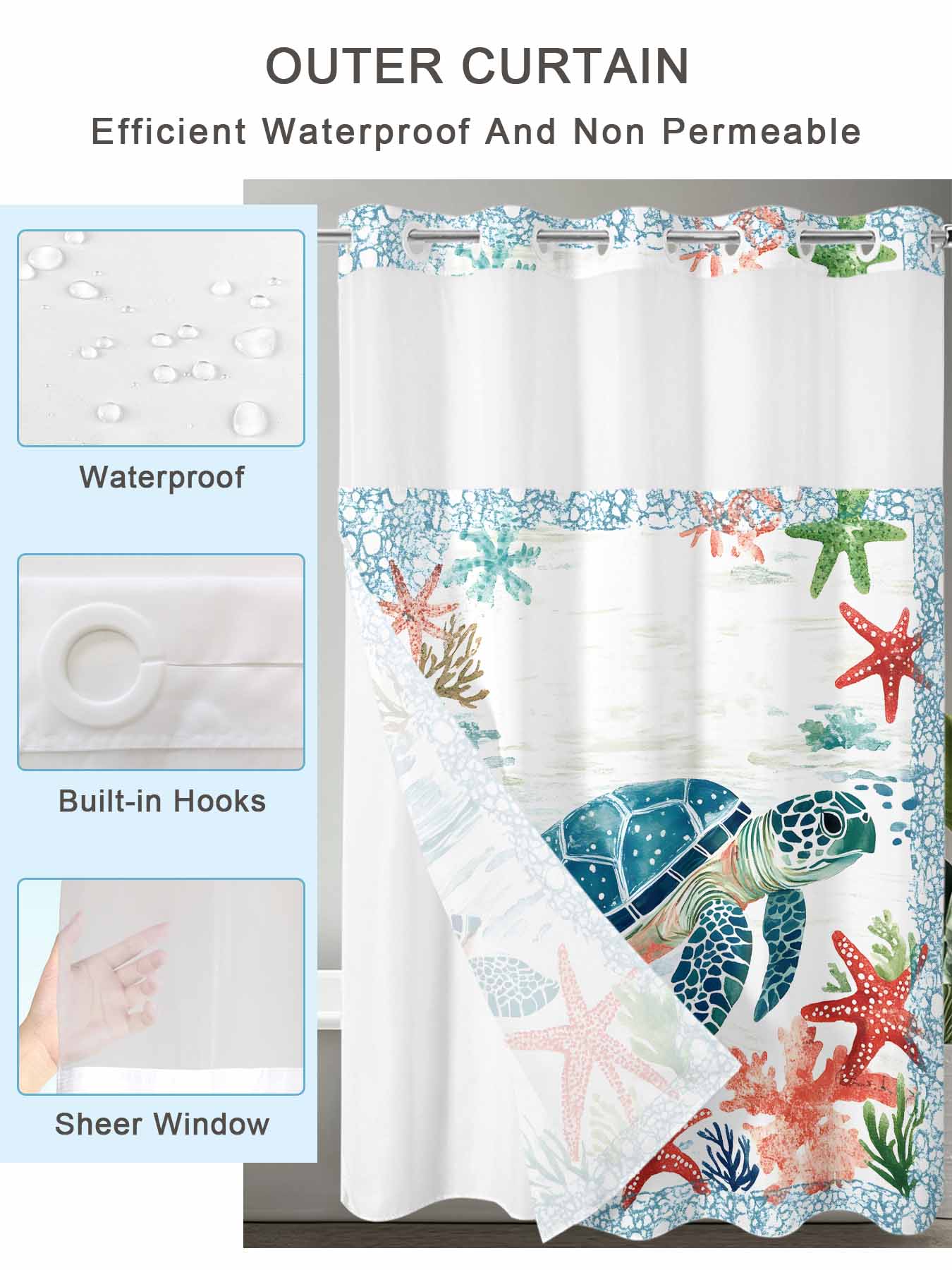 No Hook Shower Curtain with Snap in Liner,Nautical Blue Sea Turtle Starfish Waterproof Bath Curtain Double Layers with See Through Top Window,Ocean Coral Retro Border Hotel Shower Curtains 60x72in