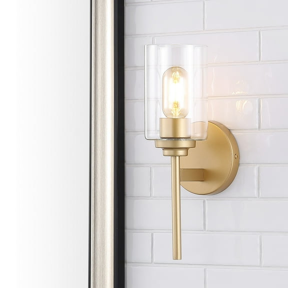 JONATHAN Y Juno 13" 1-Light Farmhouse Industrial Iron Cylinder LED Sconce, Brass Gold/Clear