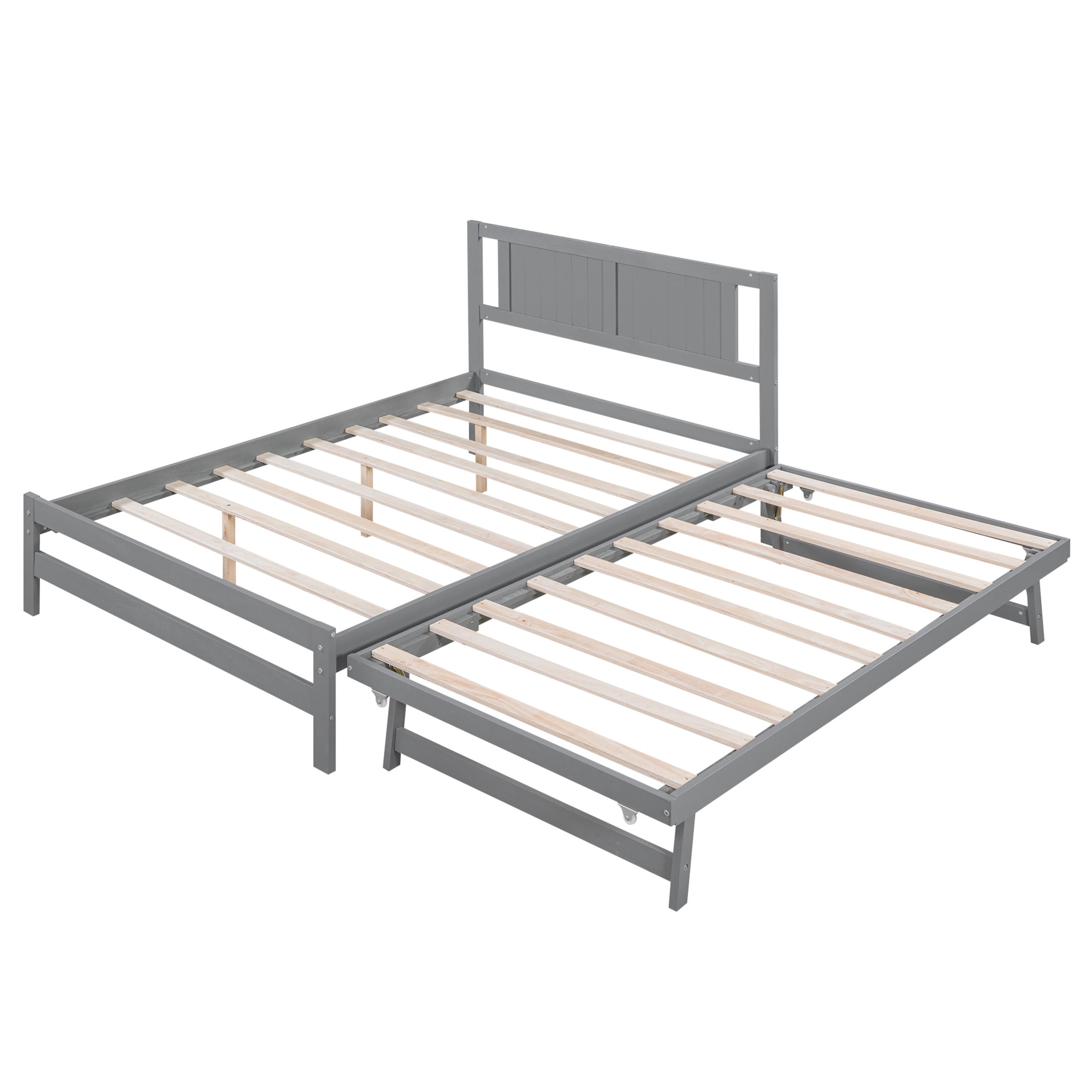 Noble House Rhea Full Size Platform Bed with Pop Up Adjustable Trundle, Solid Pine Wood Frame, Heavy Duty, Gray