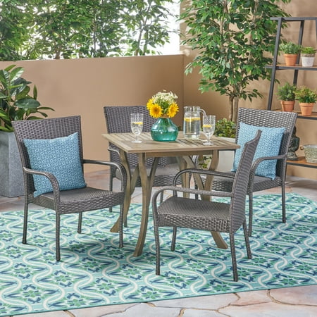 Emerson Outdoor 5 Piece Acacia Wood and Wicker Dining Set Gray Gray