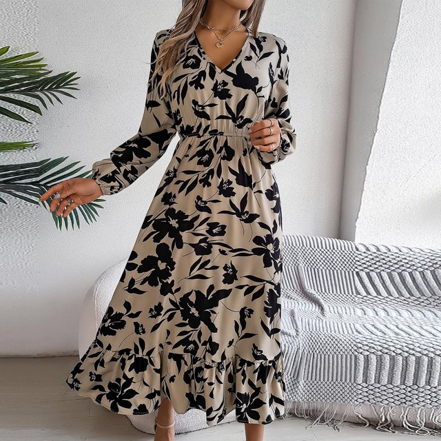 FcBaudy Robe à Manches Longues Col en V, Robes d'Été pour Femmes, Robes d'Hiver Décontractées Imprimées Taille Cintrée Robe à Manches Longues en Polyester pour Femmes