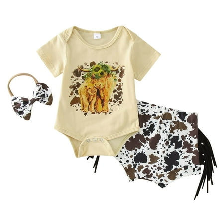 

BSDHBS 2 Piece Outfit for Toddler Girls Toddler Boys Girls Short Sleeve Cartoon Cow Prints Bodysuits Romper Tassels Shorts Headbands Outfits