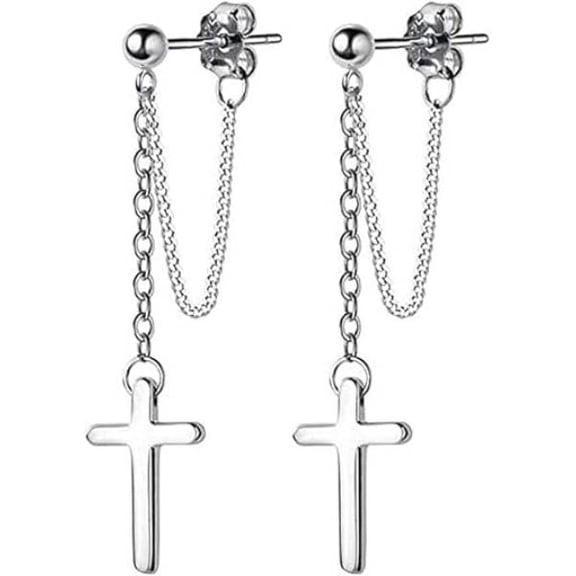 Double Chain Cross Dangle Earrings | Hypoallergenic Stainless Steel Religious Drop Earrings | Christian Jewelry for Men Women, Gift for Baptism