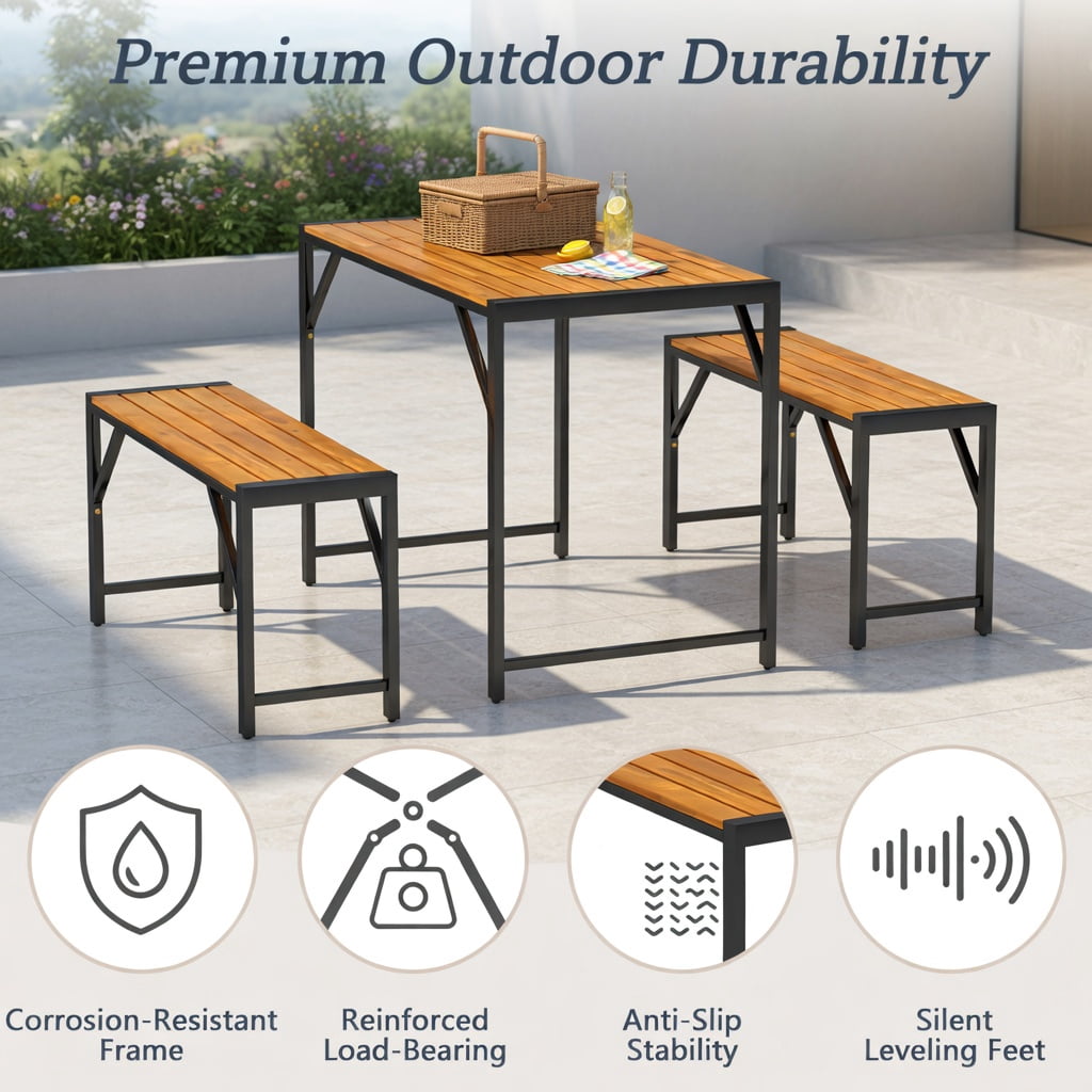 Hommoo 3-Piece Acacia Wood Patio Dining Set, Picnic Table & 2 Benches for 4, Outdoor Furniture with Heavy-Duty Metal Frame, Black & Natural