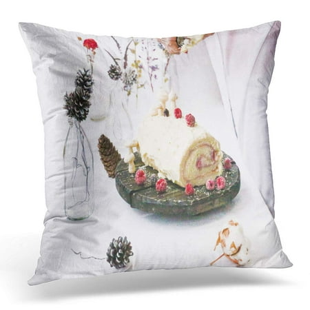ECCOT Blue Yule The Christmas Log Cake with Berries and White Chocolate in Brown Baked Pillowcase Pillow Cover Cushion Case 16x16