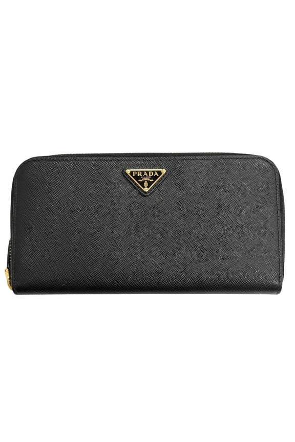 Pre-Owned PRADA 1ML506 Saffiano Leather Triangle Logo Round Zip Long Wallet, Black with Gold...