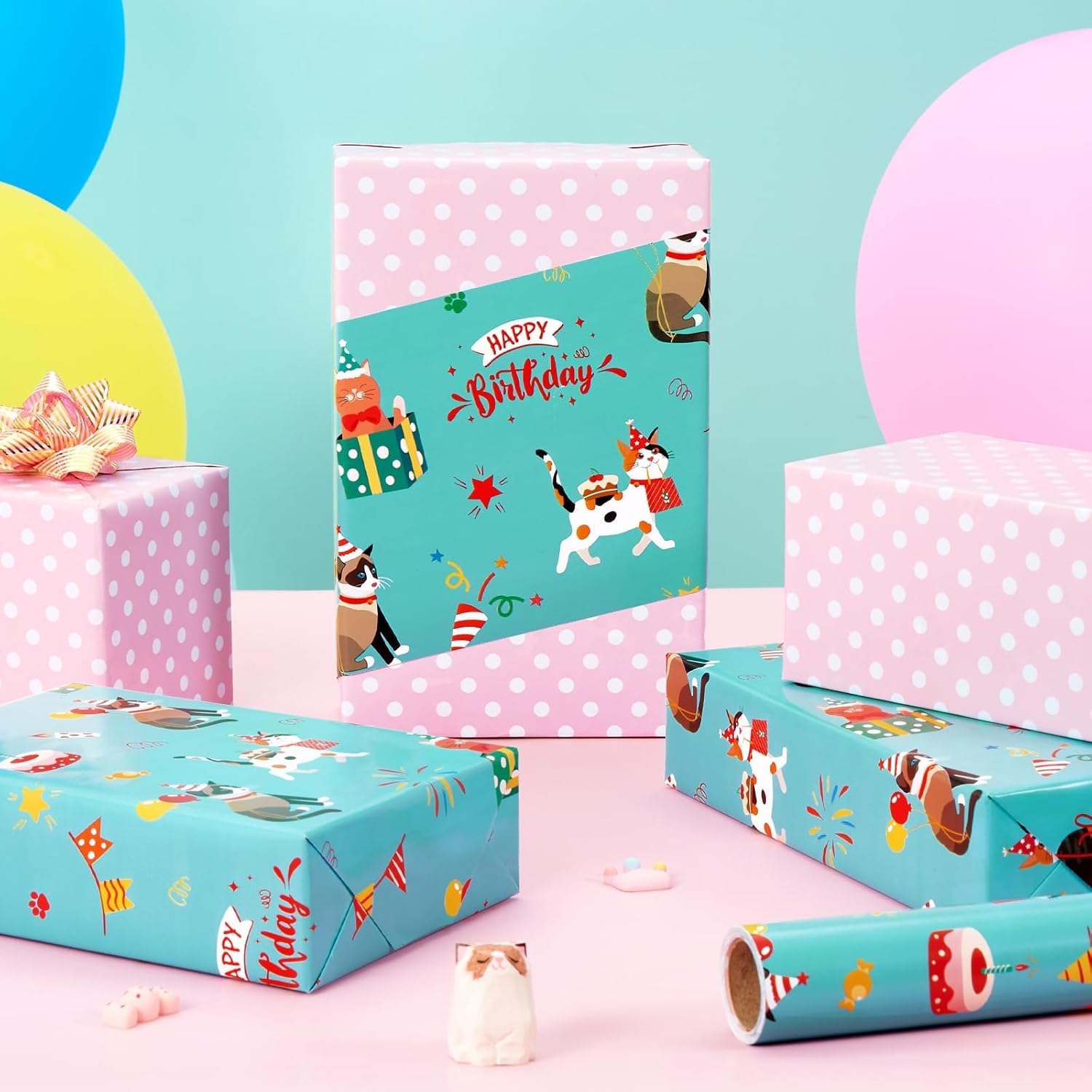 Cat Birthday Wrapping Paper Roll - 1 Roll 17” X 33 ft Cat Gift Wrapping Paper Roll Girls Kids Birthday Green Pink Wrap Paper with Polka Dot Design for Gift Packing Supply