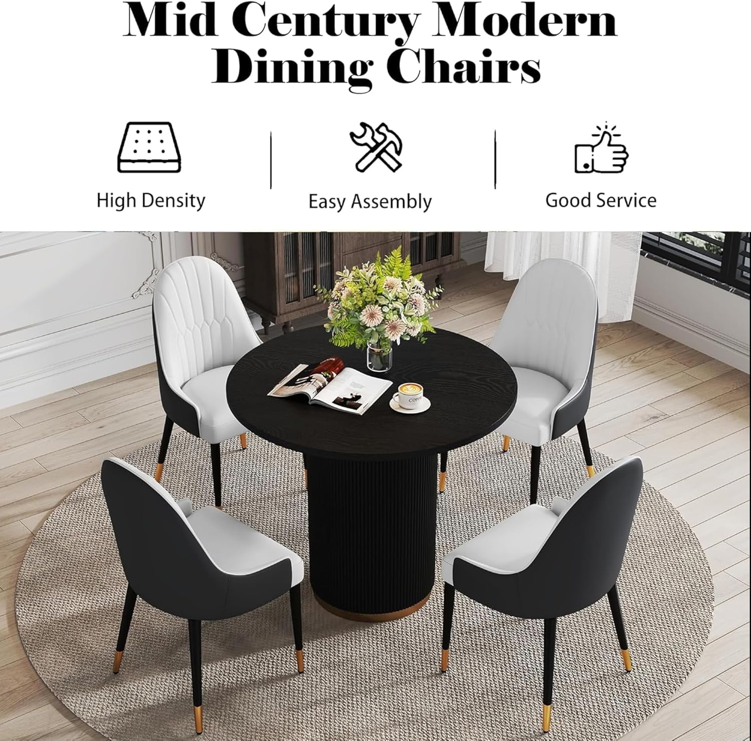 2-Piece Dining Chairs Set, Black-White PU Faux Leather Upholstery with Metal Frame, Modern Design for Kitchen, Living Room, Office