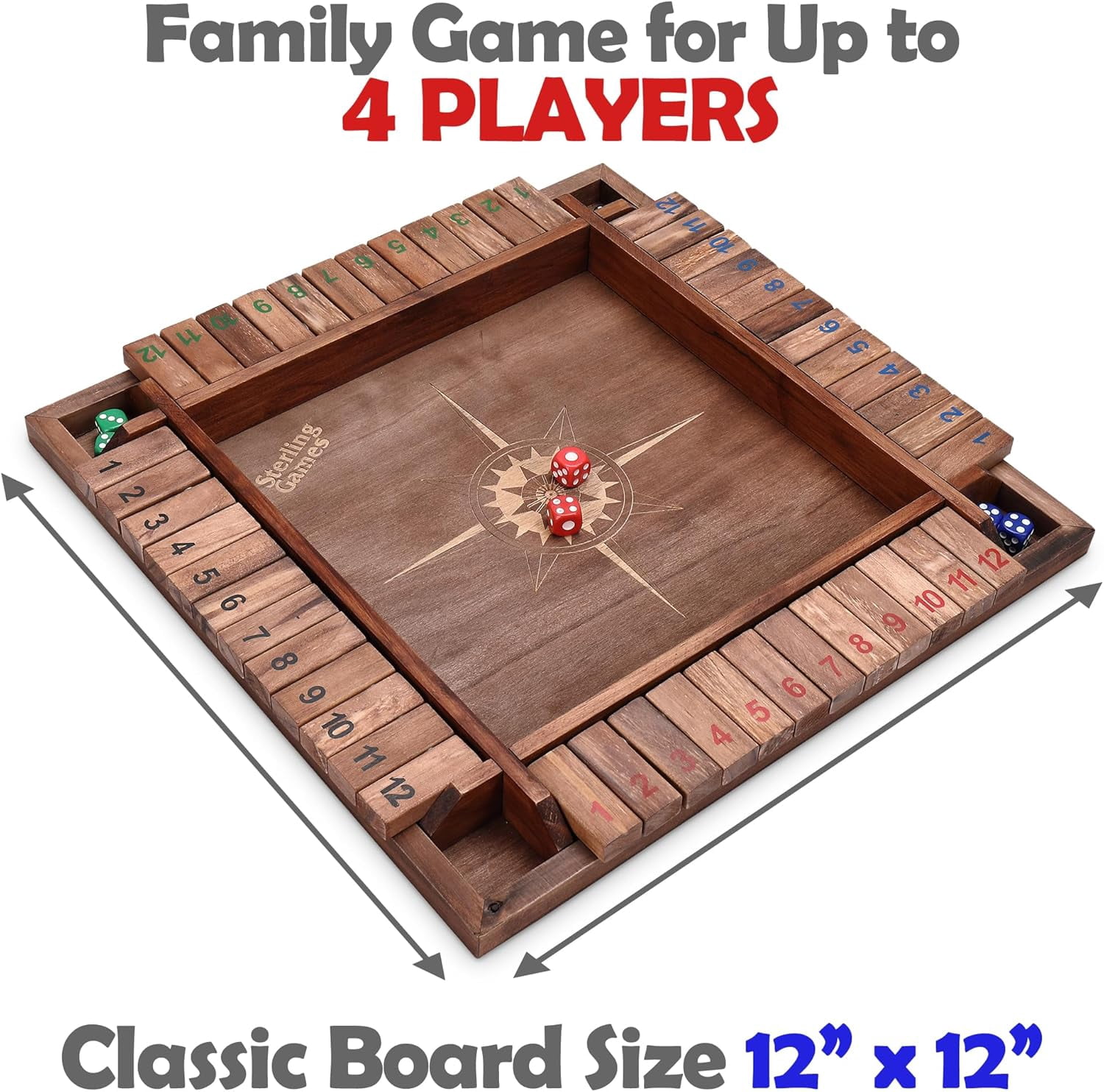 Sterling Games 12" Shut The Box Game for 4 Players with Nautical Themed Wooden Game Board