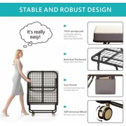 Twin Folding Bed with Mattress, 75 x 38 Portable Rollaway Bed for Adults, Metal Frame Foldable Guest Bed with Memory Foam Mattress, Daybed or Extra Sleeping Space with Side Storage Pocket