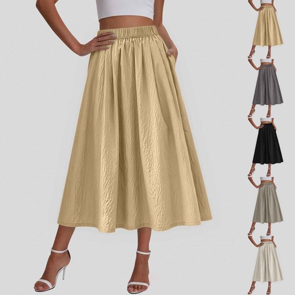 Bxsruta Womens Maxi Skirt Casual Flowy Long Skirt Elastic Waist Pleated Skirts for Women Summer Vacation