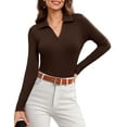 thumbnail image 3 of JYLFC Women's Long Sleeve Polo V Neck T Shirts Fall Ribbed Knit Slim Fitted Collared Tops, Brown M, 3 of 8