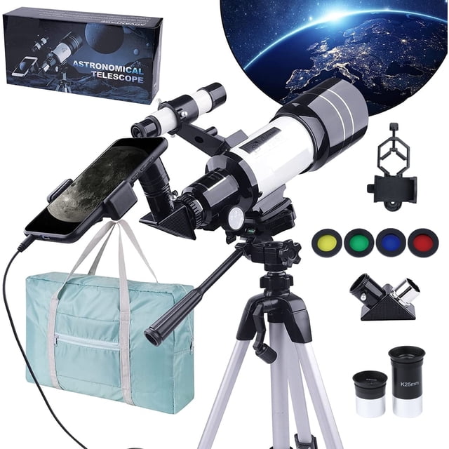 Telescopio para Astronomía Telescopio para Adultos Principiantes, Telescopio de Apertura de 70mm con Bolsa de Transporte Clip para Teléfono para Ver la Vida Silvestre de la Luna, Blanco